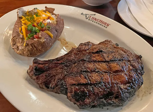 Longhorn Steakhouse signature dishes Outlaw Ribeye, Flo's Filet, Texas Tonion, Parmesan Crusted Chicken